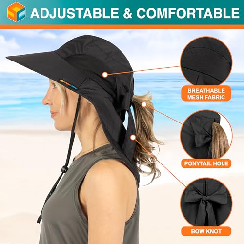 SUN CUBE Wide Brim Sun Hat with Neck Flap, UPF50+ Hiking Safari Fishing Hat for Men Women, Sun Protection Beach Hat - color: Black With Bow