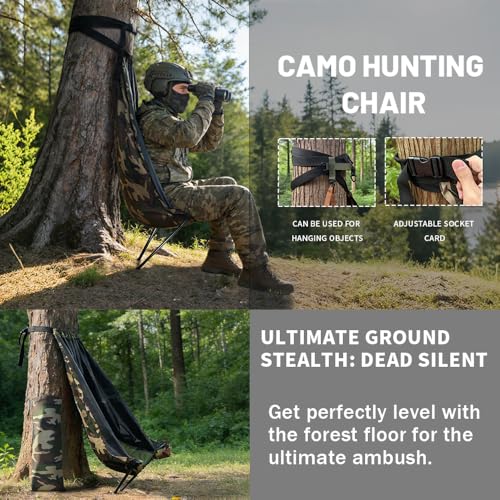 Ultralight Low Down Hunting Tree Seat - Portable Tree Hammock Chair for Deer Hunting - 330lbs Capacity Silent Suspension Seat - Includes 2 Aluminum Poles & Camo Carry Bag (2 lbs)