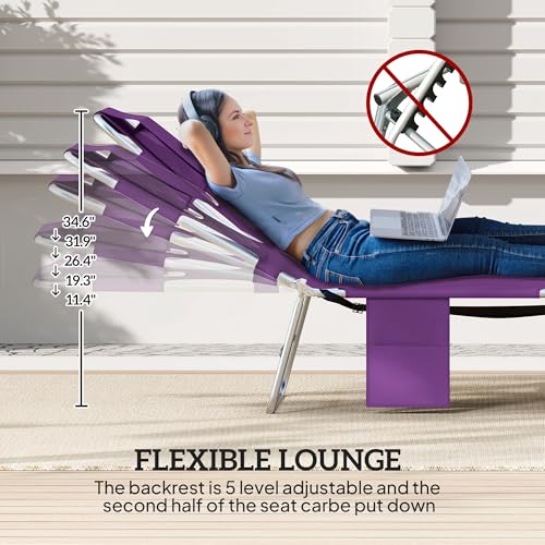 Outsunny Chaise Lounge Chair Outdoor with Face Arm Hole, 5-Position Reclining Face Down Tanning Chair with Carry Strap, Side Pocket, Portable Folding Bed Cot for Patio Beach Pool, Purple - color: Purple, size: 1 Piece