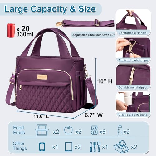Lunch Bag Lunch Box Women - Insulated Lunch Tote Bag for Women Men, Leakproof Large Womens Lunch Bags for Work, Lunch Cooler Bag for Adult with Side Pocket for Picnic, Hiking, Beach (Purple) - color: Purple
