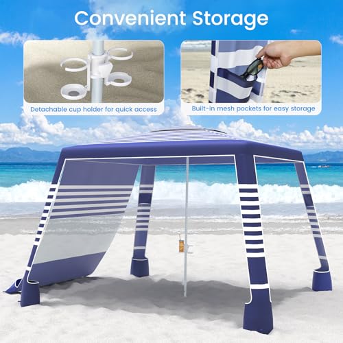 MoKo Beach Cabana, 8'×8' Large Beach Canopy with Side Wall, UPF 50+ Protection Easy Setup Beach Tent Sun Shelter, Adjustable Height Wind Resistant Cabana Beach Tent for Whole Family, Navy Stripes - color: Navy Stripes