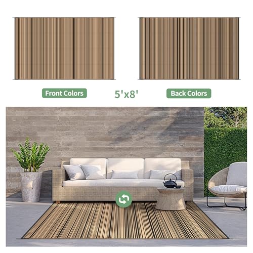 GENIMO Outdoor Rug 5x8 ft Waterproof, Reversible Plastic Straw Patio Rug for RV Camping Mat, Deck, Backyard Balcony Mat - Lightweight & Easy to Clean, BlackBrown - color: Blackbrown, size: 5' x 8' (Rectangular)