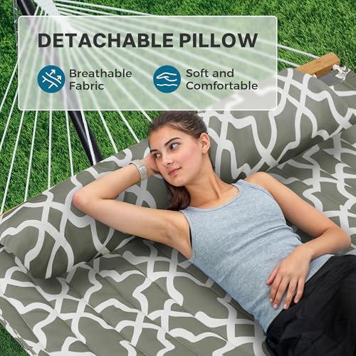 SUPERJARE Hammock with Stand, 2 Person Quilted Outdoor Hammock, Detachable Pillow & Bamboo Spreaders, Portable with Carrying Bag, Heavy Duty Stand, Perfect for Outside, Patio, Grey with White Flower - color: Grey With White Flower, size: 55.1"W × 74.8''D