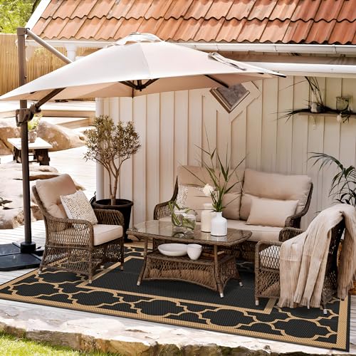 GENIMO 6' x 9' Outdoor Rug Waterproof for Patio Decor, Foldable Reversible Plastic Straw Area Rugs Mat for Camper, Outside Carpet for Rv, Deck, Porch, Picnic, Beach, Balcony, Black & Brown - color: Black&brown, size: 6' x 9' (Rectangular)