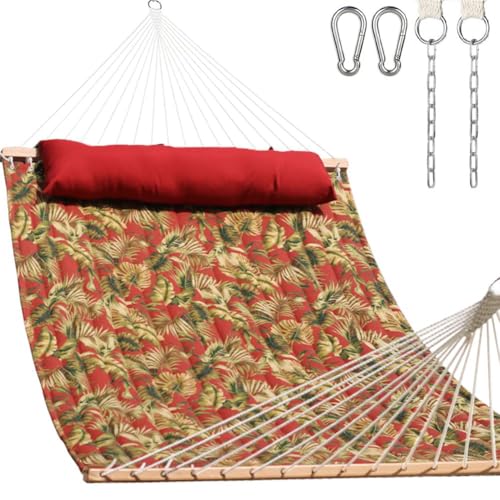 Lazy Daze Hammocks 12FT Quilted Fabric Hammock with Soft Pillow, Double 2 Person Tree Hammock with Spreader Bar for Outside Patio Poolside Backyard Beach, 450 lbs Capacity, Red Leaf - color: Floral Red