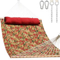 Lazy Daze Hammocks 12FT Quilted Fabric Hammock with Soft Pillow, Double 2 Person Tree Hammock with Spreader Bar for Outside Patio Poolside Backyard Beach, 450 lbs Capacity, Red Leaf - color: Floral Red