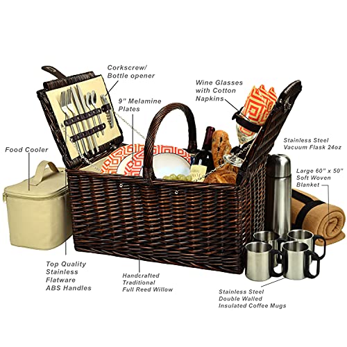 Picnic at Ascot Buckingham Willow Picnic Basket With Blanket And Coffee Service, Brown Wicker/Diamond Orange