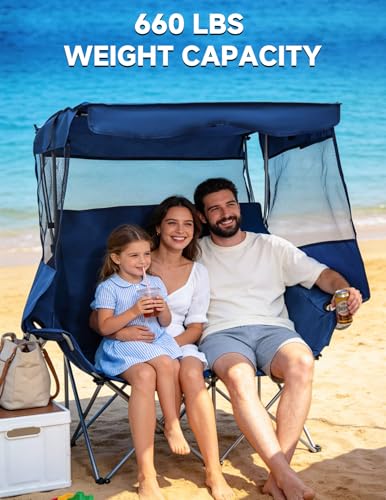 East Oak Double Camping Chair with Canopy | 24" High Back Camping Couch for Adults with 360° Sun Protection, 13 lbs Lightweight, 660 lbs Heavy Duty Canopy Chair for Outdoors - color: Blue, style: Camp Couch