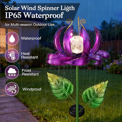 Solar Yard Lights Wind Spinners- Metal Lotus Flower Garden Decor LED Crackle Glass Globe Yard Art Sculpture Solar Stake Lights for Patio Pathway Lawn Walkway (Purple-Large) - color: Purple-large