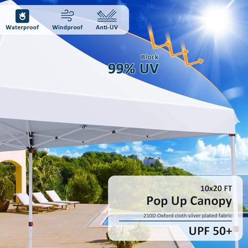 COBIZI 10x20 Pop Up Canopy with 6 Sidewalls, Conical Canopy Tents for Parties, Backyard, Commercial, Waterproof Event Tent Instant Shelter UV50+ Outdoor Gazebo with 4 Sandbags (Peak Drainage) - color: Pure White, size: 10x20FT