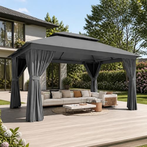 Aoxun 12'x10' Outdoor Gazebo, 50mm Heavy-Duty Steel Frame Double Roof Canopy, Waterproof Polyester Patio Pavilion with Curtains and Netting for Backyard Garden, Gray - color: Dark Gray, size: 10 X 12