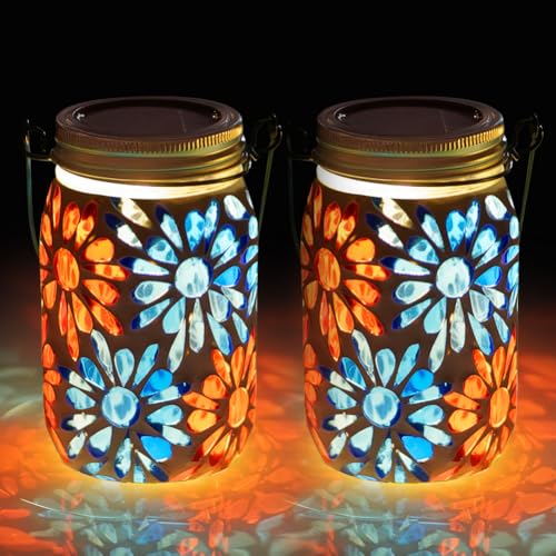 Starsoul 2 Pack Solar Lanterns Outdoor Waterproof, Mosaic Flowers Glass Solar Hanging Outdoor Lights, Decorative Solar Lantern for Outside Pathway Patio Porch Yard Decor - color: Flowers-2PC