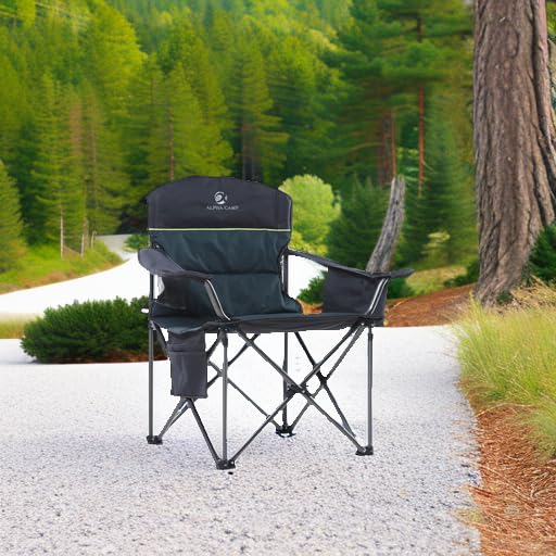 ALPHA CAMP Heavy Duty Camping Chair 500LBS Capacity, Oversized Folding Chair for Heavy People, Padded Portable Outdoor Chair with Cooler Bag & Cup Holder for Camping, Fishing, Beach - color: Green, size: 1PC