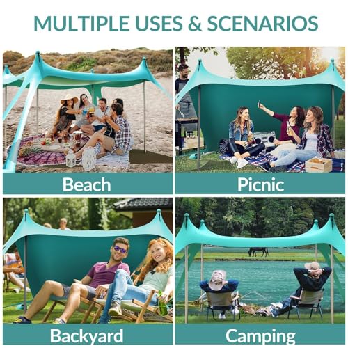 Gardentime Beach Tent Canopy with 8 Sandbags 4 Aluminum Poles, Pop Up Portable Camping Sun Shelter, Easy Set Up with 2 Sand Shovel, Ground Pegs, Carrying Bag for Outdoor Beach,Picnic, Fishing - color: Turquoise