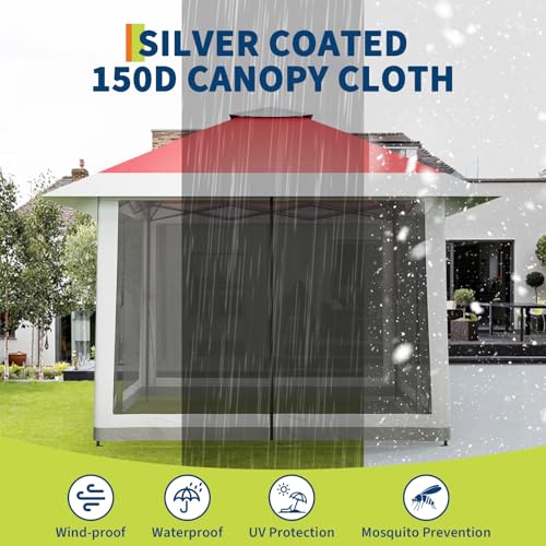 13X13 Pop Up Gazebo,Outdoor Canopy Tent with Mosquito Netting, Double Vented Roof Sun Shelter with Adjustable Heights,Outdoor Gazebo for Backyard & Patio Furniture.（Red+light gray-four sides Gazebos）. - color: Red+light gray