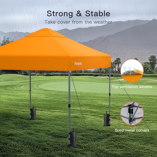 Amada 10x10 Pop Up Canopy Tent, 1-Button Push Easy-up Outdoor Canopy Beach Tent with 3-Height Adjustable Waterproof Shade Shelter, Wheeled STO-N-Go Bag 8 Stakes, 4 SandBags (Orange) - color: Orange, size: 10x10ft