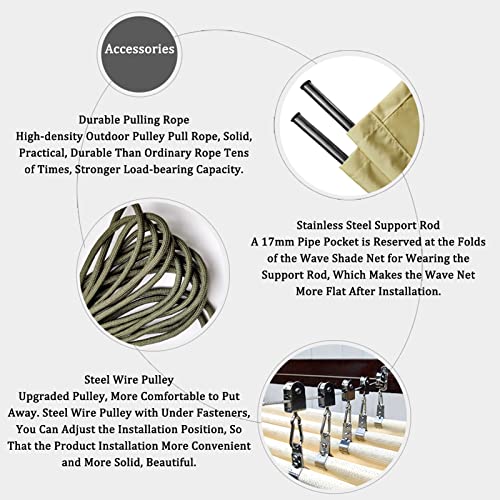 WIGING Outdoor Waterproof Retractable Sun Shade Sail, Slide Wire Wave Canopy Cover with Mounting Kit for Patio Garden Backyard Deck Pergola