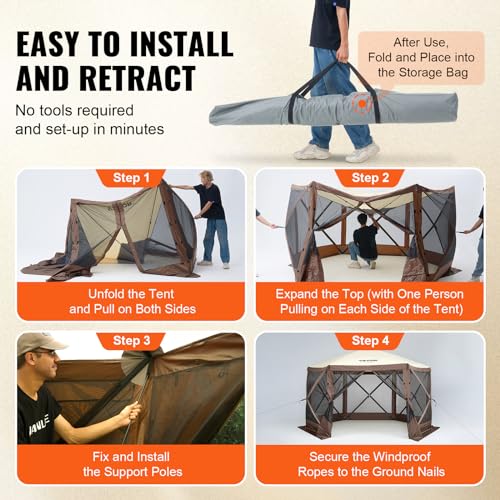 VEVOR Pop Up Gazebo Screen Tent 6 Sided Canopy Sun Shelter with 6 Removable Privacy Wind Cloths & Mesh Windows, 12.5x12.5FT Quick Set Screen Tent with Mosquito Netting, Brown - color: Brown, size: 12.5x12.5ft