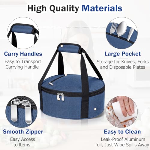 Round Insulated Casserole Carrier – 12" Portable Pie Carrier Bag for Hot or Cold Food, Leakproof Thermal Lunch Tote with Handle for Parties Picnic & Travel - Navy Blue - color: Navy Blue, size: Single