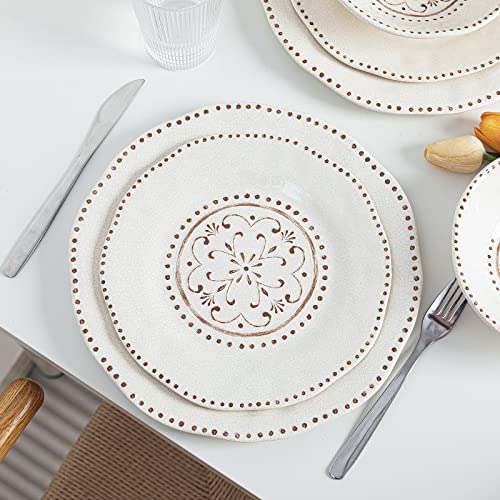 LEHAHA Beaded Crackle 12 Piece Melamine Camping Dinnerware Set, Plates and Bowls Sets, Indoor and Outdoor Use, Break-Resistant Rustic RV Dishes Set, Service for 4(Ivory)… - color: Ivory