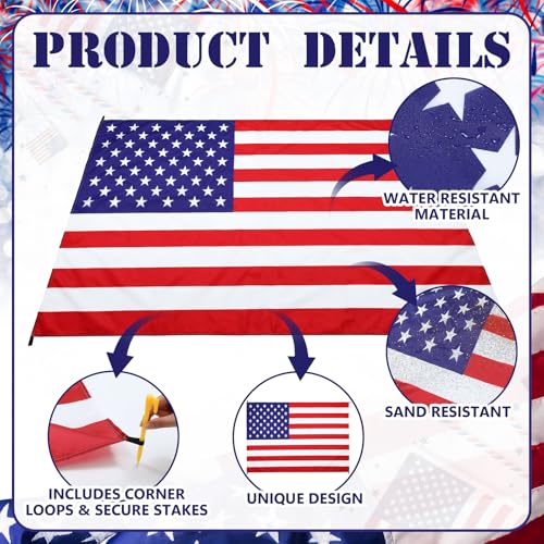 Frienda American Flag Pocket Picnic Mat with Storage Bag Sandproof Waterproof Foldable Beach Camping Mat 50" x 60" Patriotic Red White Blue Outdoor Blanket for Hiking Camping Travel Beach Park