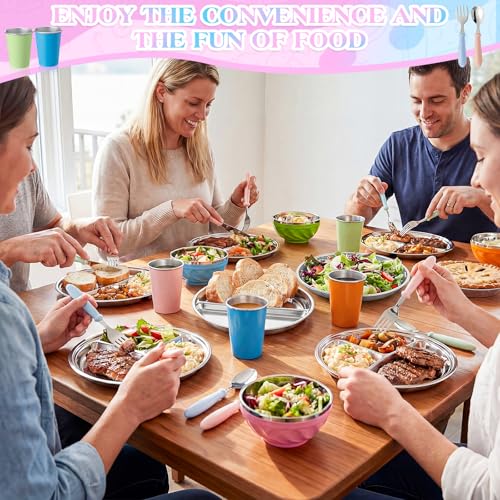 Jinei 20 Pcs Stainless Steel Bowls Set, 4 Stainless Steel Plates, 4 Metal Bowls, 4 Metal Cups, 4 Spoons, 4 Forks, Rainbow Colorful Utensils Dishwasher Safe, Durable Dining Set for Home Travel Camping
