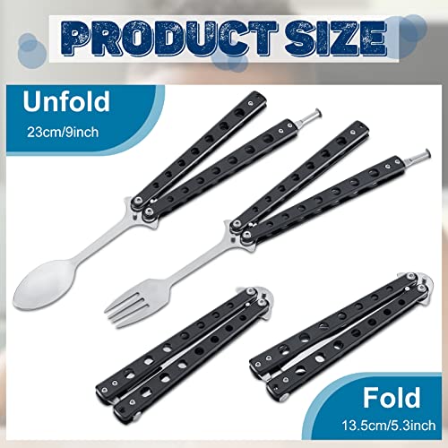 Flutesan 2 Pcs Butterfly Fork and Spoon Set, Tactical Butterfly Spoon Folding Stainless Steel Spork Utensil Set Balisong Trainer for Travel Camping Hunting BBQ Kitchen(Black) - color: Black