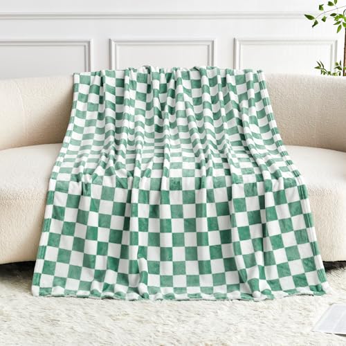 Edenleaf Green Checkered Blanket, Ultra Soft Cozy Flannel - Checkered Grid Print Throws for Bed Sofa Couch, Luxury Throw Blanket for All Seasons, 50x60 Inch, Jade Green - color: 01 Jade Green, size: Throw-50"x60"