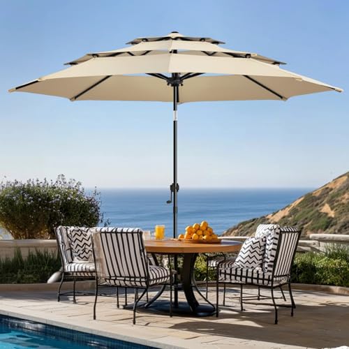 wikiwiki 10ft 3-Tier Patio Umbrella Outdoor Table Market Umbrella for Patio with Push Button Tilt/Crank, Fade Resistant Waterproof POLYESTER Canopy for Garden, Lawn, Deck, Backyard & Pool, Beige - color: Beige, size: 10 FT