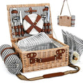 Picnic Basket with Blanket and Wine Pouch for 4, Wicker Picnic Set with Insulated Liner Cooler Bag Hamper for Camping,Wedding - Stripes - color: Stripes With Blanket for 4