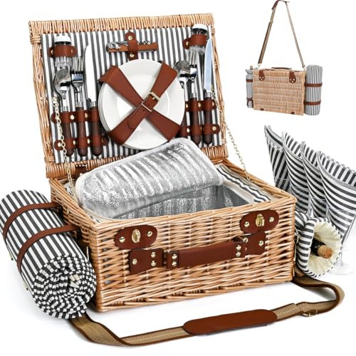 Picnic Basket with Blanket and Wine Pouch for 4, Wicker Picnic Set with Insulated Liner Cooler Bag Hamper for Camping,Wedding - Stripes - color: Stripes With Blanket for 4