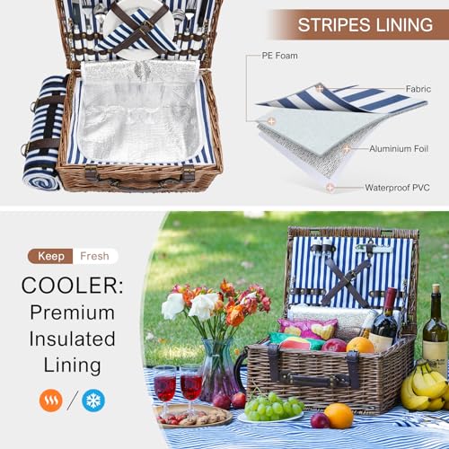 Picnic Basket for 2 Persons - Baskets with Cooler and Picnic Blanket, Classical Wicker Picnic Basket with Waterproof & Sand-Proof Beach Mat,Willow Hamper Service Set - size: 15.43" for 2 Persons with Cooler