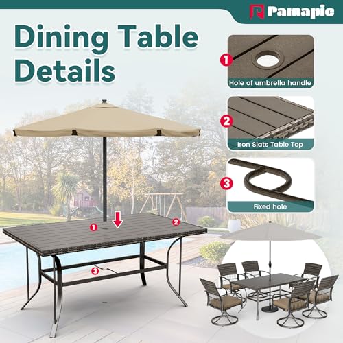 Pamapic 7-Piece Outdoor Dining Set with Table, Patio Furniture Includes 2 Swivel Chairs, 4 Wicker Chairs & Beige Removable Cushions, Weather Resistant Iron Frame for Backyard, Deck, Garden (Beige) - color: Beige