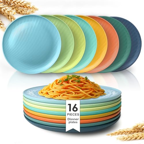 Teivio 16-Piece Wheat Straw Kids Plates,9.6'' Deep Dinner Plate,Dishwasher Safe, Reusable Unbreakable Salad Plates,Dessert Kitchen Plastic Dinner Plates Set,Service for 16,Multicolor ﻿