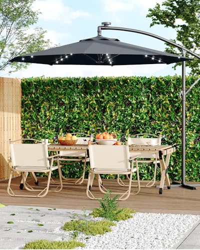 Jojoka 10FT Cantilever Patio Umbrella with Solar LED Lights - Offset Outdoor Umbrella - Easy Lift & Tilt - UV Protection - Fade Resistant - Ideal for Deck, Pool, Garden - color: Grey