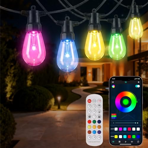 Smart Outdoor String Lights, 50FT RGB Color Changing Patio Lights with Timer, 21-Key RF Remote and Bluetooth, IP65 Waterproof Shatterproof LED Lights for Backyard Balcony Garden Party Decor - size: 50FT