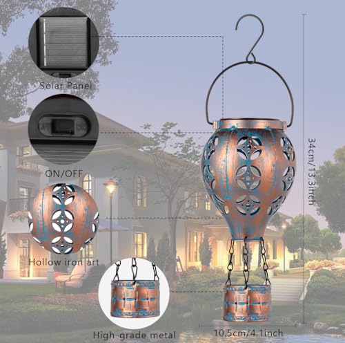 Hot Air Balloon Solar Lantern for Garden Decor,2 Pack Matal Hanging Lantern,Outdoor Metal LED Solar Lights for Yard Patriotic Trees Decor - style: Copper Blue -2 Pack
