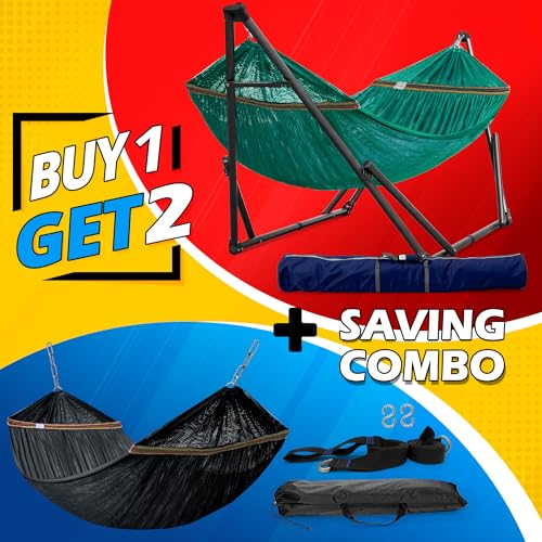 Tranquillo Combo x2 Hammocks with Stand for Outside & Tree Straps, Heavy Duty Hammock with Stand 600lbs for Indoor Outdoor Patio Backyard, x2 Hammocks for 2 Person (Combo - Peacock, Medium) - color: Combo - Peacock