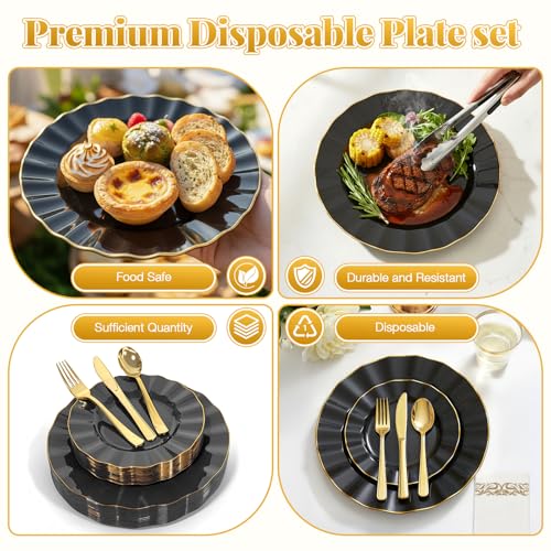 175 Plastic Dinnerware Set Party Supplies Disposable Dinnerware for 25 Guests Include 50 Plastic Plates,25 Silverware Set 25 Cups 25 Napkins Plastic Plates for Graduation Party Wedding（Black and Gold） - color: Black