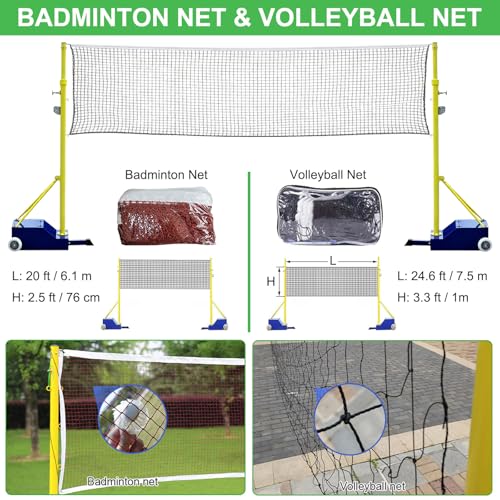 Volleyball/Badminton Poles, Mobile Badminton Net Bracket with Wheel & Heavy Base, Adjustable Height Volleyball Net Stand for Outdoor Indoor Backyard