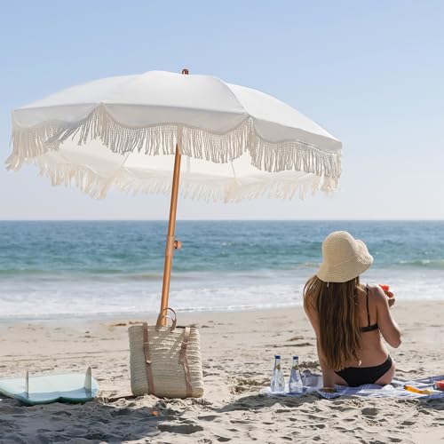 AMMSUN Boho Fringe Umbrella Outdoor Patio, 6.5ft UPF50+ Picnic Umbrella with Tassels with Steel Pole and Push Button Tilt, Antique White - color: Antique White