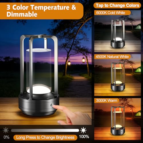Portable Table Lamp for Outdoor Indoor: Cordless Rechargeable Desk Lamp with 3 Color Stepless Dimmable - Metal Battery Operated Lantern Light for Bedroom/Bar/Coffee Shop/Camping (Graphite) - color: Graphite