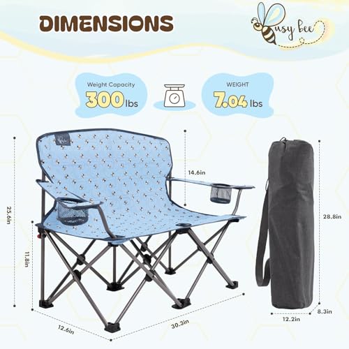 Busy Bee Oversized Kids Camping Chair with Cup Holder, High Back Toddler Chair Kids Folding Chair, Perfect for Beach & Outdoor, Supports 150 Lbs. - color: Print Bee Blue, style: Double Chair