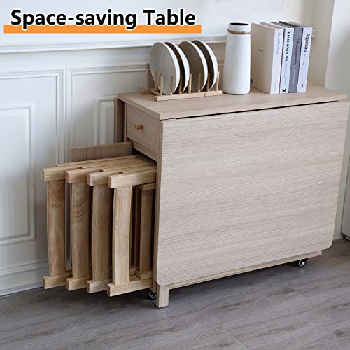 COMUHOME Extendable Drop Leaf Folding Dining Table with 2 Drawers and 4 Wheels for Living Room Kitchen Farmhouse Space Saving Table in Wood Color - color: Wood