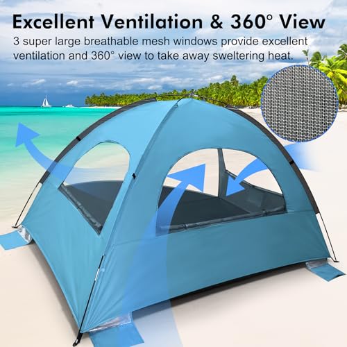 WhiteFang Beach Tent Anti-UV Portable Sun Shade Shelter for 3/4/6/8 Person, Extendable Floor with 3 Ventilating Mesh Windows Plus Carrying Bag, Stakes and Guy Lines - color: Blue, size: 3 person