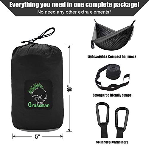 Grassman Camping Hammock Double & Single Portable Hammock with Tree Straps, Lightweight Nylon Parachute Hammocks Camping Accessories Gear for Indoor Outdoor Backpacking, Travel, Hiking, Beach - color: Black & Grey, size: Two Person
