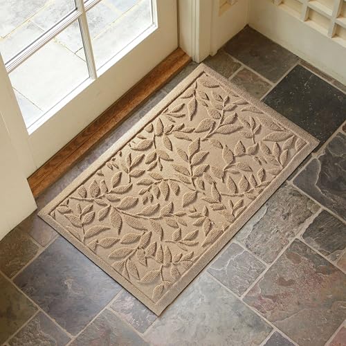 Beige Leaves Outdoor Indoor Entrance Doormats, Absorbent Durable Heavy Duty Welcome Front Door Mat,Thick Natural Rubber Back,Easy Clean Entryway Mat 17x30 Inch, Low Profile - color: Leaves-beige, size: 1'5" x 2'6" (Rectangular)
