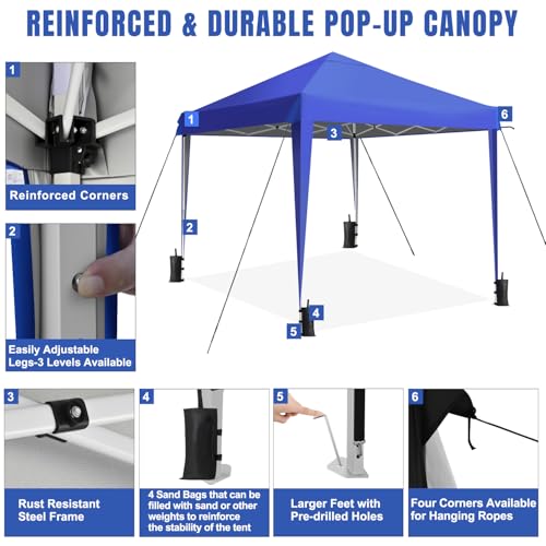 Yesker 10x10 Pop Up Canopy Tent UPF 50+ Waterproof Outdoor Canopy Portable Folding Easy Setup Gazebo Adjustable Height Instant Sun Shade Tent with Wheeled Bag for Events Parties Camping Patio, Blue - size: 10x10FT Blue