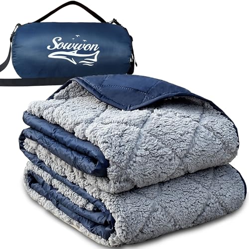 Waterproof Outdoor Blanket 92”X 60” Packable, Stadium Blankets for Camping with Sherpa Fleece Lining, Large Windproof Emergency Throw Mat for Garss Picnic Hiking Road Trip, Machine Washable, Navy - color: Sherpa Navy-300 Gsm, size: 92"x 60"
