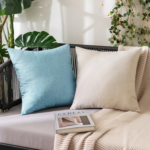 MIULEE Pack of 2 Decorative Outdoor Solid Waterproof Throw Pillow Covers Faux Linen Garden Farmhouse Coastal Cushion Cases for Summer Patio Tent Balcony Couch Sofa 16x16 Inch Blue Gray - color: Blue Gray, size: 16" x 16" (Pack of 2)